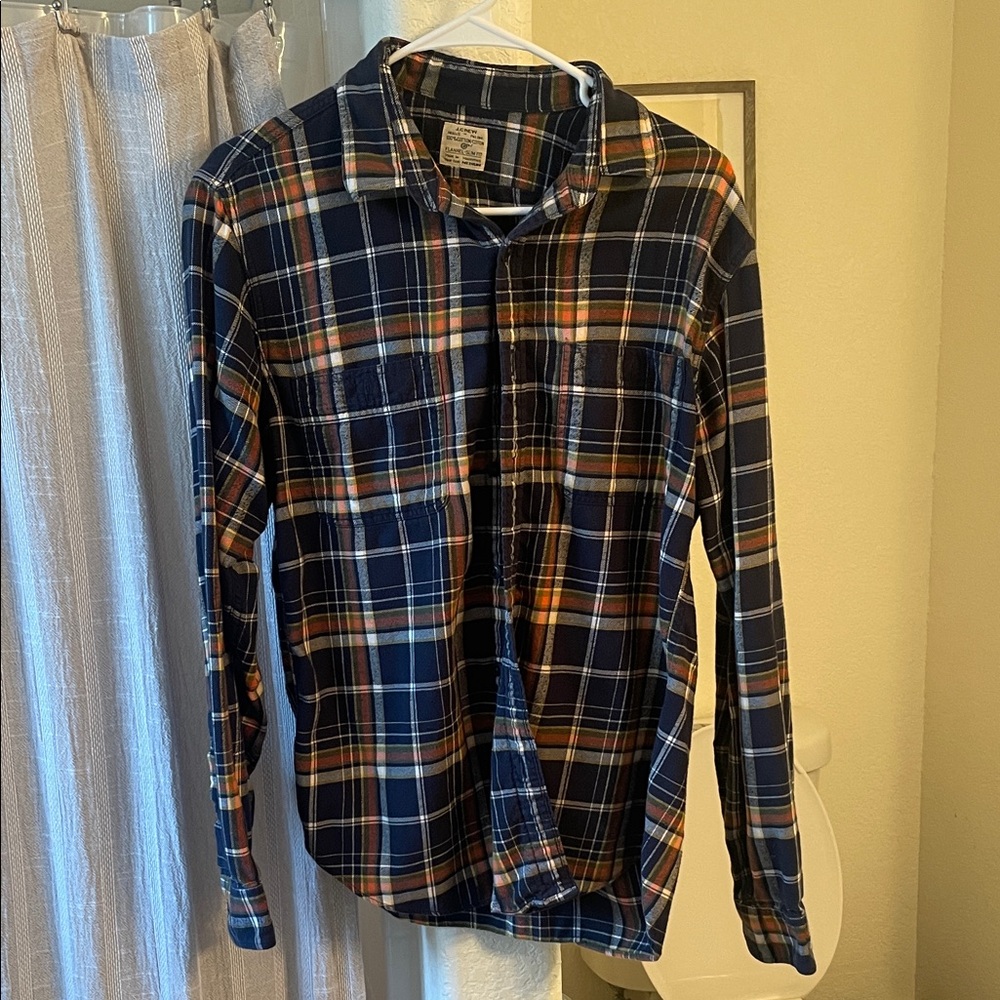 J. Crew Men's Casual Plaid Shirt - Navy, Orange, White